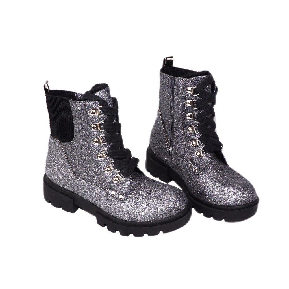 Justice Girls Lug Zip Up Lace Up Ankle Boots Fashion Silver Glitter Punk NEW